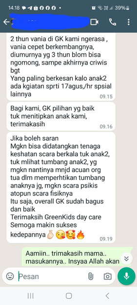 testimoni orang tua murid di penitipan anak green kids bekasi